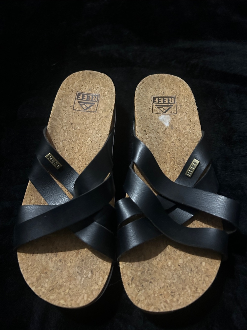 Reef Black Cork Crossband Slide Sandals
